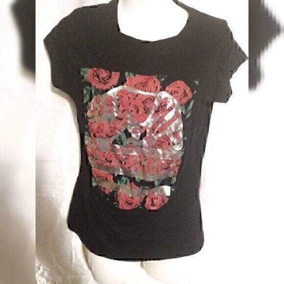 Floral Roses Black California Bear Screen Print Foil Short Sleeve T-Shirt L - Picture 1 of 2